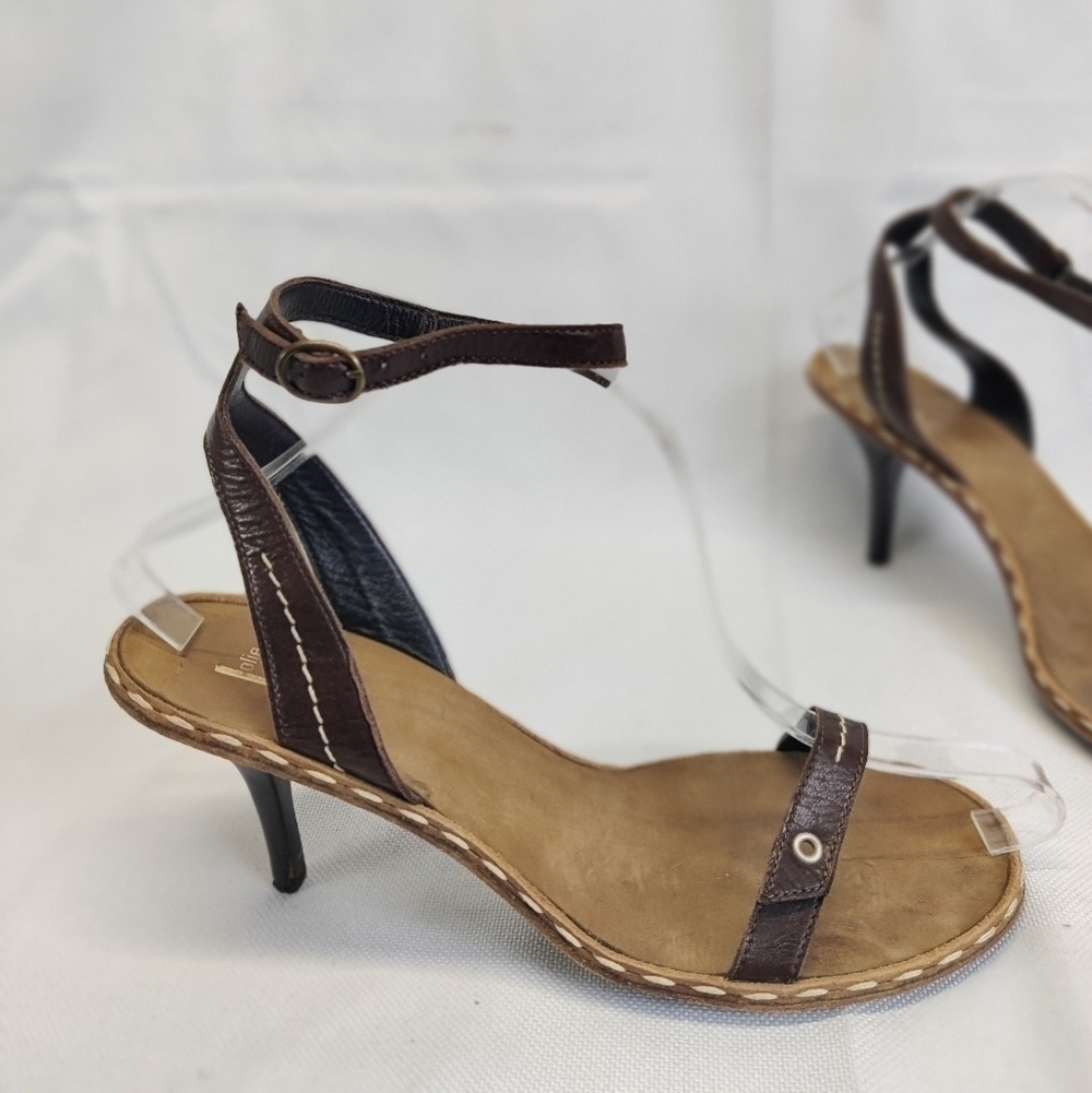 JOLIE Italy Ankle Strap Heels Brown Leather Round Toe Stiletto Thin Straps Sz 38 - Picture 10 of 10